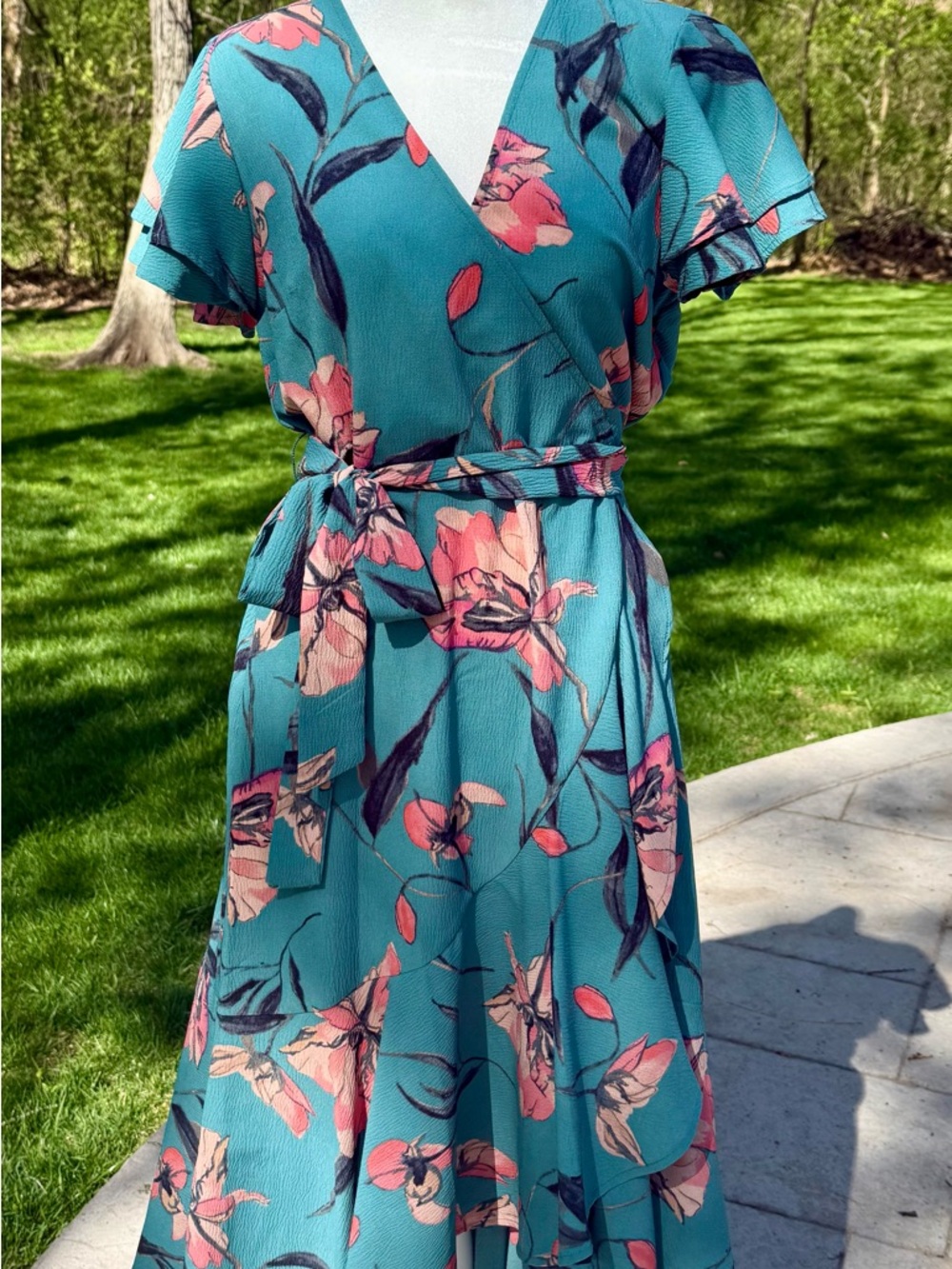 A New Day Teal Floral Wrap Dress with Pink Coral Blooms NWT